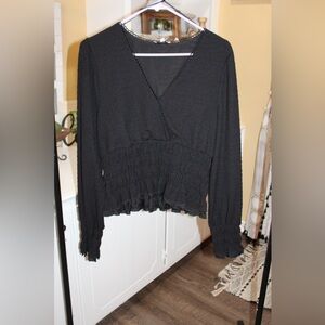 Black Ruffle Hem Cropped Blouse | Boho Peplum Long Sleeve Top